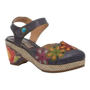 L'Artiste Ny Spring Step Fusta Leather Blue Round Toe Artsy Floral Clog Size 5